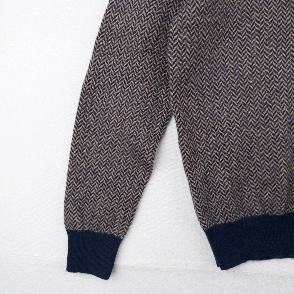 J.Crew 100% Cashmere Herringbone Jacquard Crewneck Sweater Men's Large Blue Tan